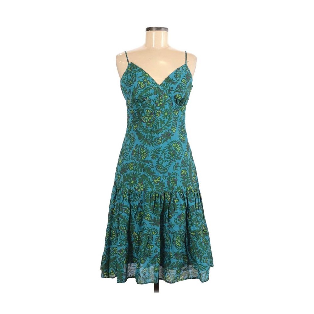Gap Green Blue Floral Drop Waist Ruffled Hem Dress